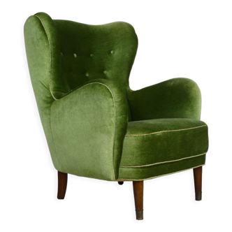 Fauteuil danois en velours vert, années 1950