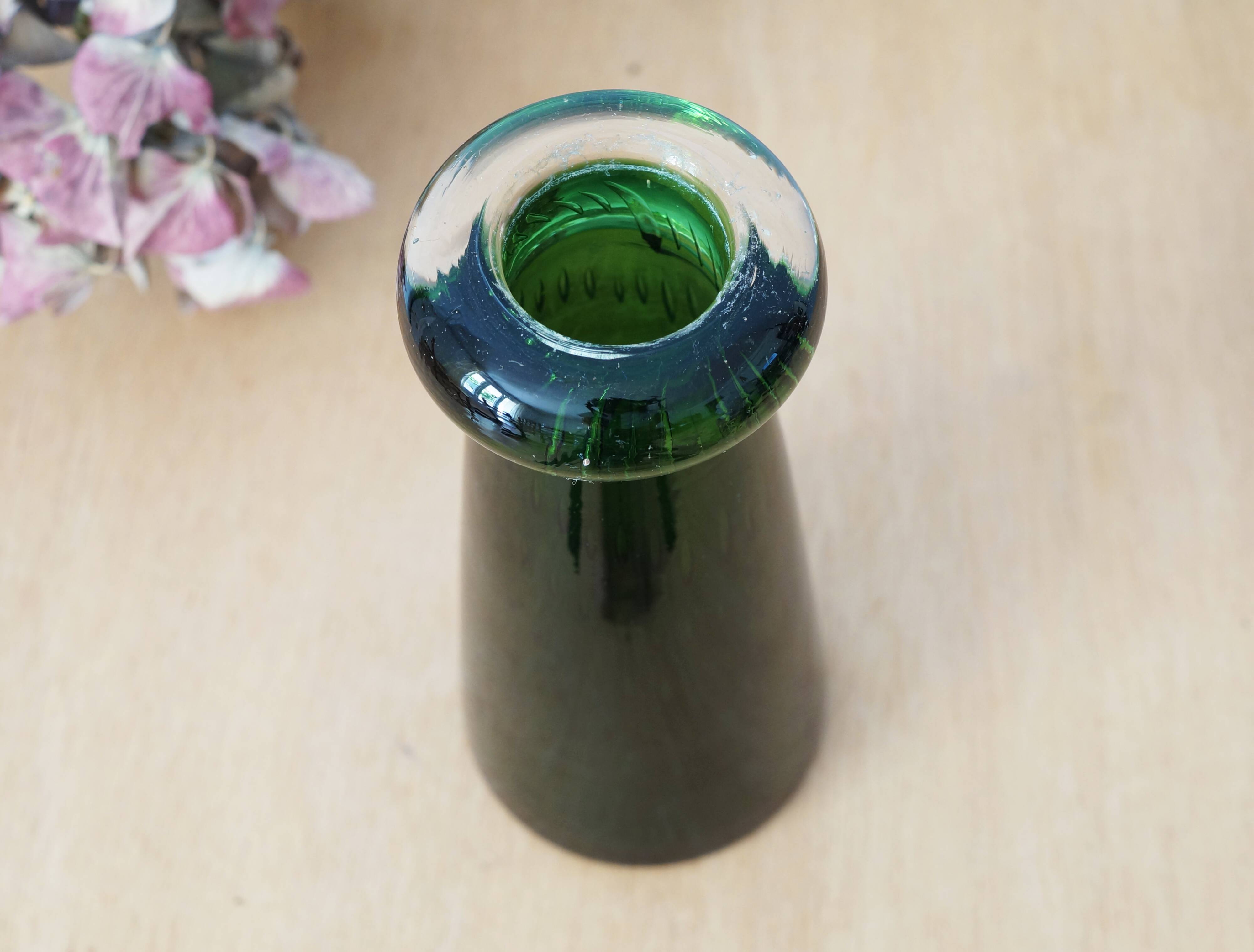 Green glass vase, bubbled blown glass, vintage