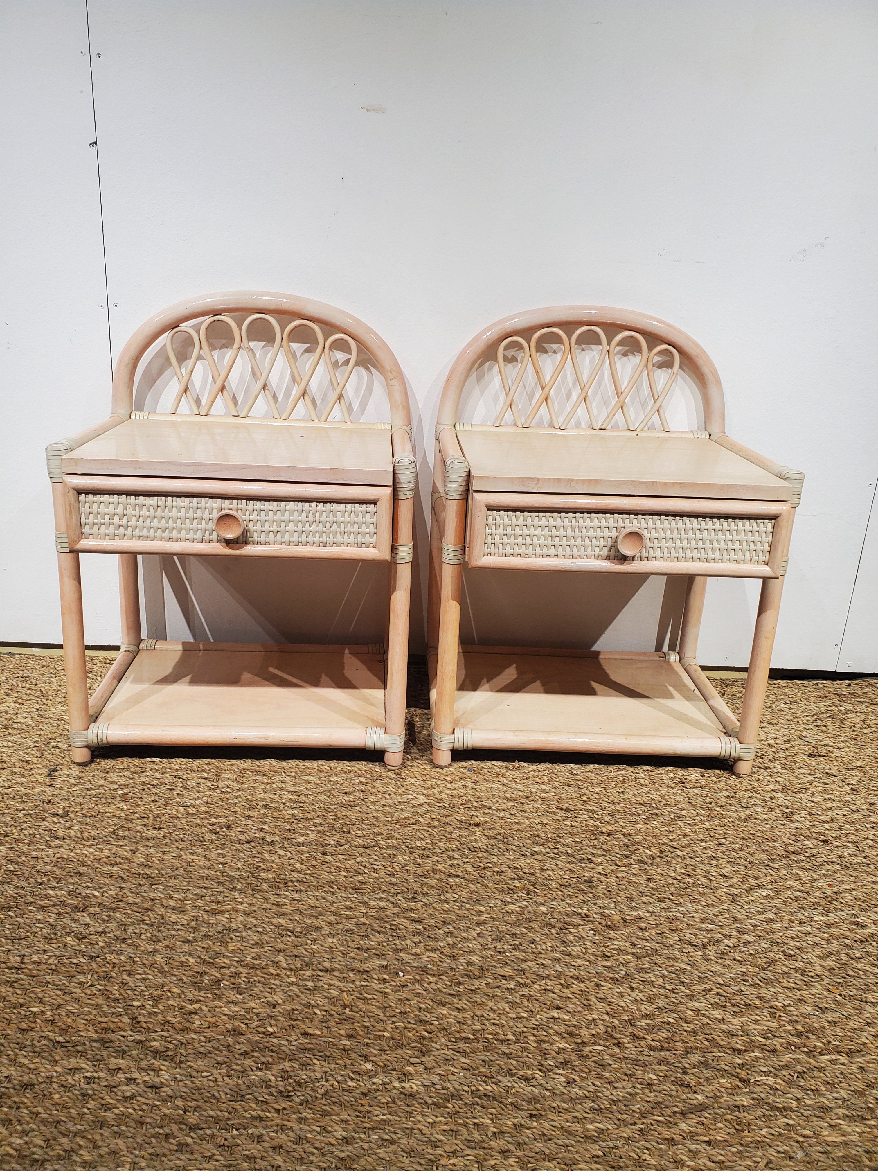 Pink rattan bed and bedside table set