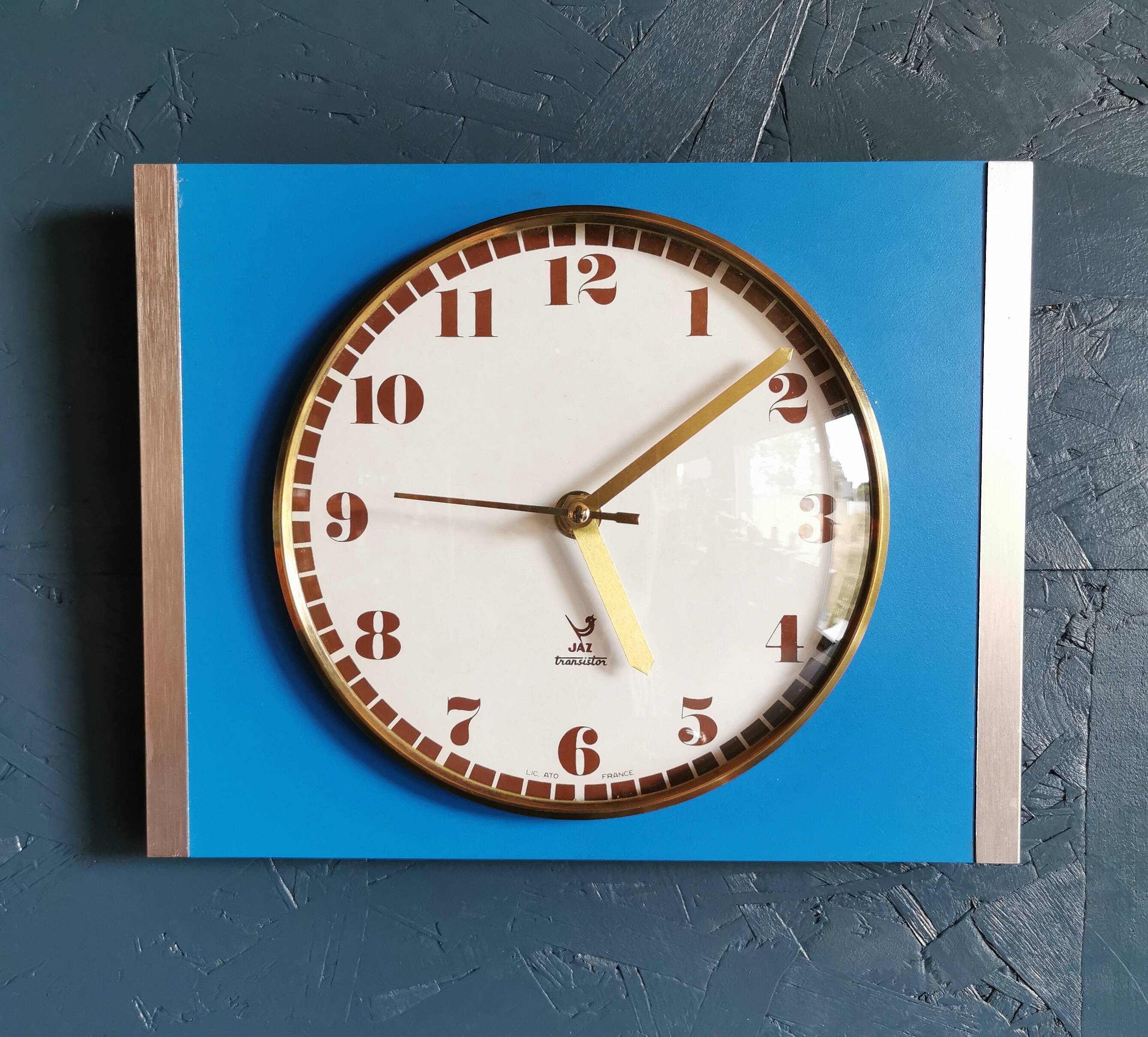 Vintage formica clock rectangular silent wall clock "Jaz golden blue"