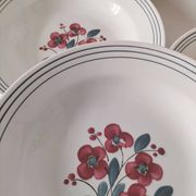 7 Salins Odile soup plates – raspberry flowers & blue border