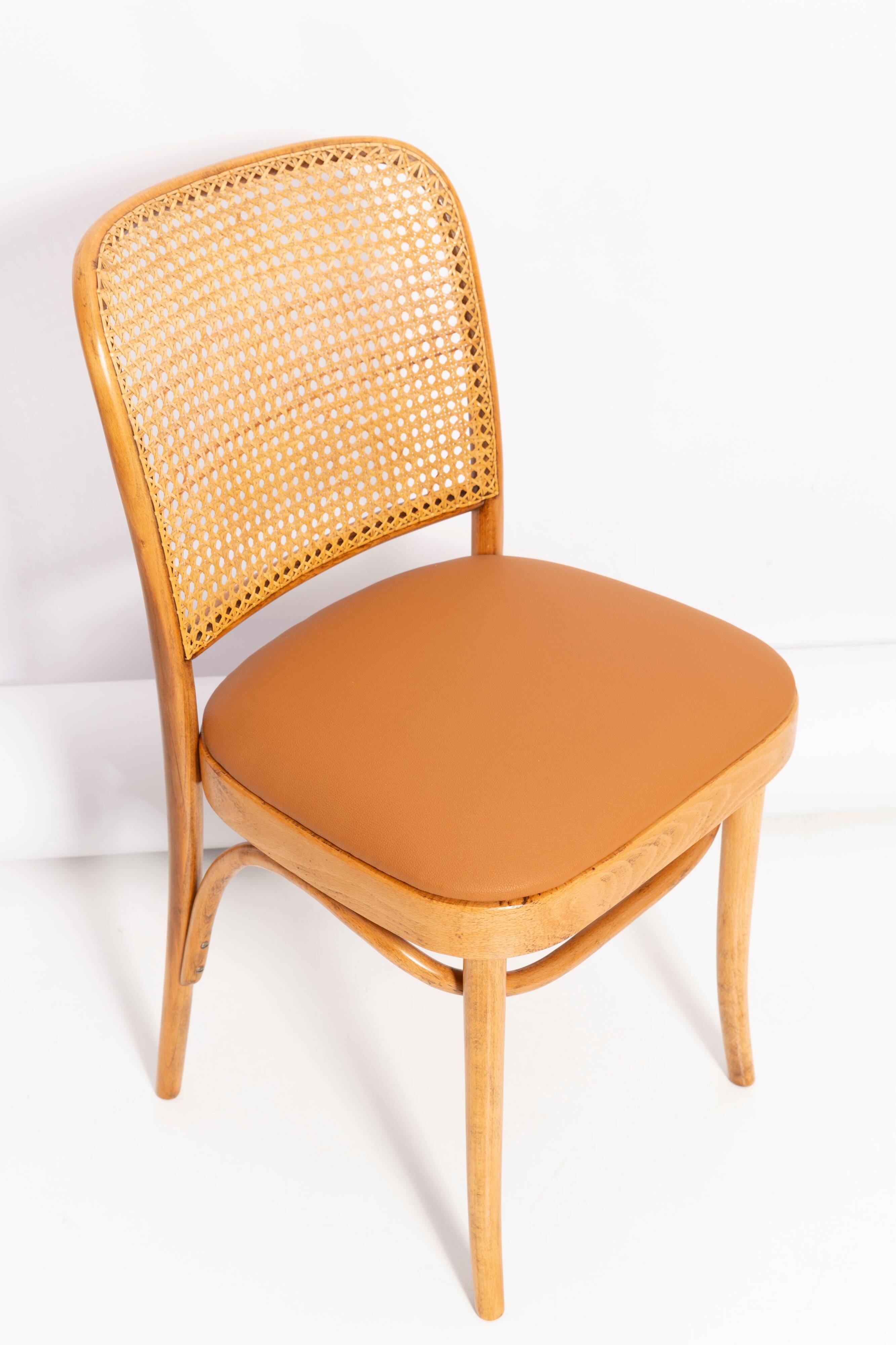Thonet chair in rattan, camel faux leather and wood - 1960s