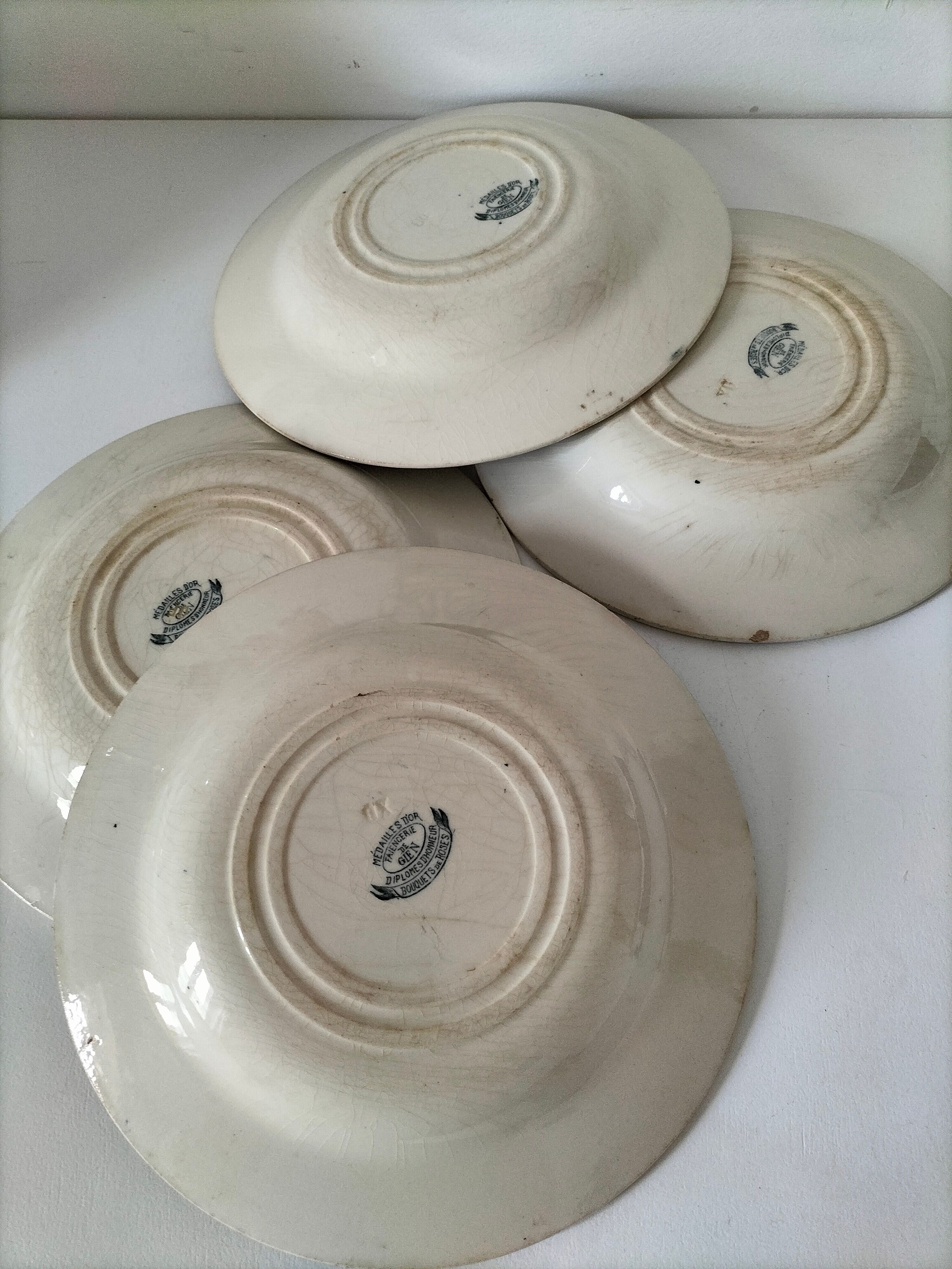 4 assiettes creuses Gien Bouquets de Roses terre de fer bleu de prusse