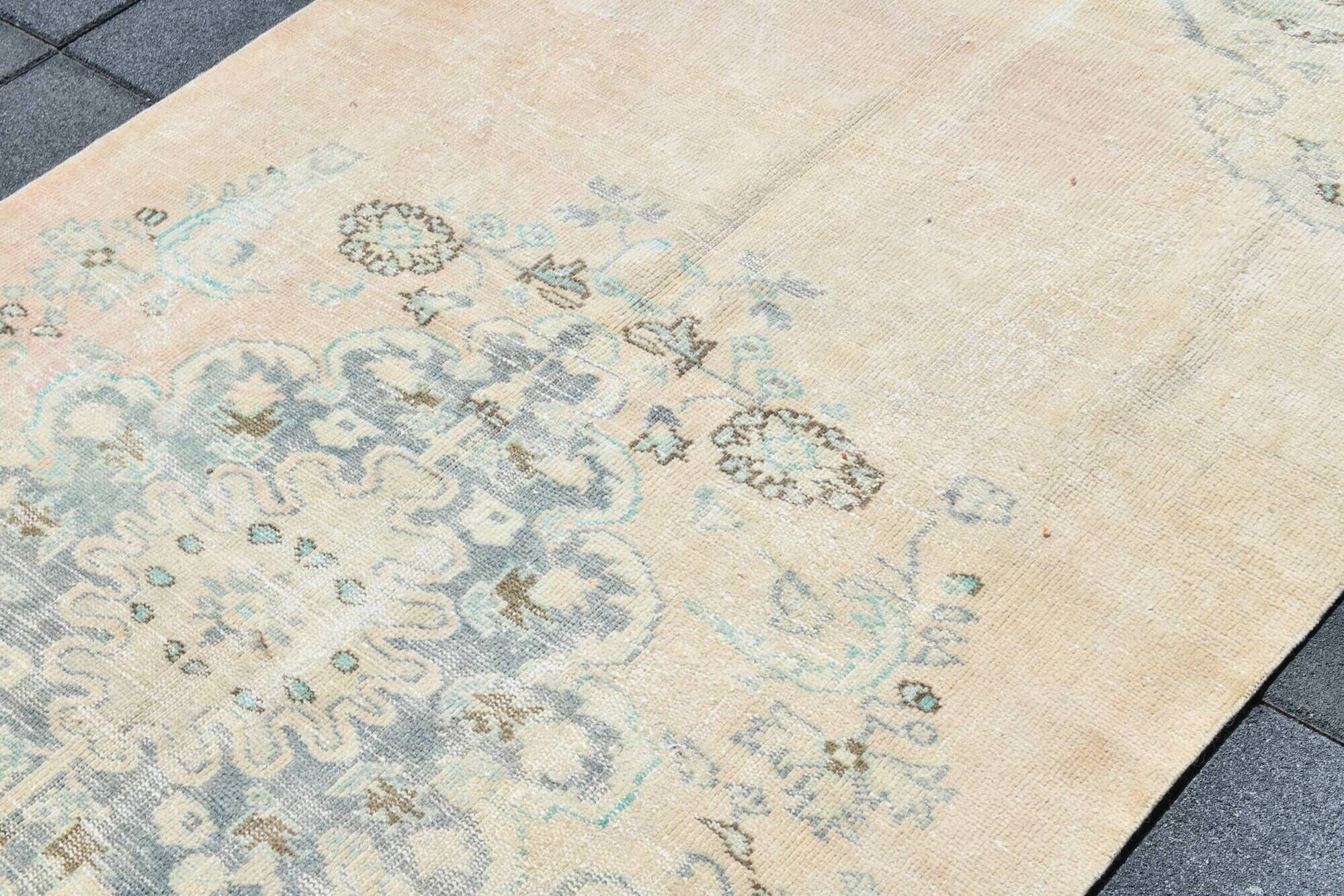 Tapis Oushak Vintage, Laine Turque Beige Pêche & Bleu Délavé, 159x227 Cm