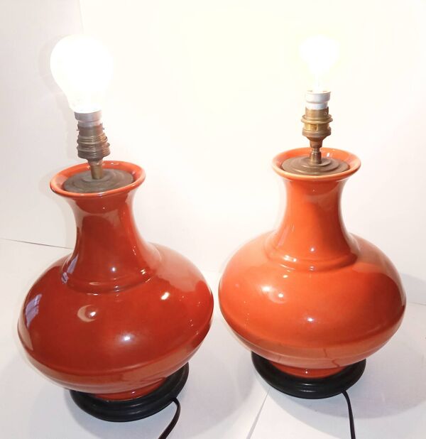 Paire de pied de lampe vases céramique ancienne forme gourde orange