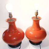 Pair of old ceramic vase lamp bases in orange gourd shape