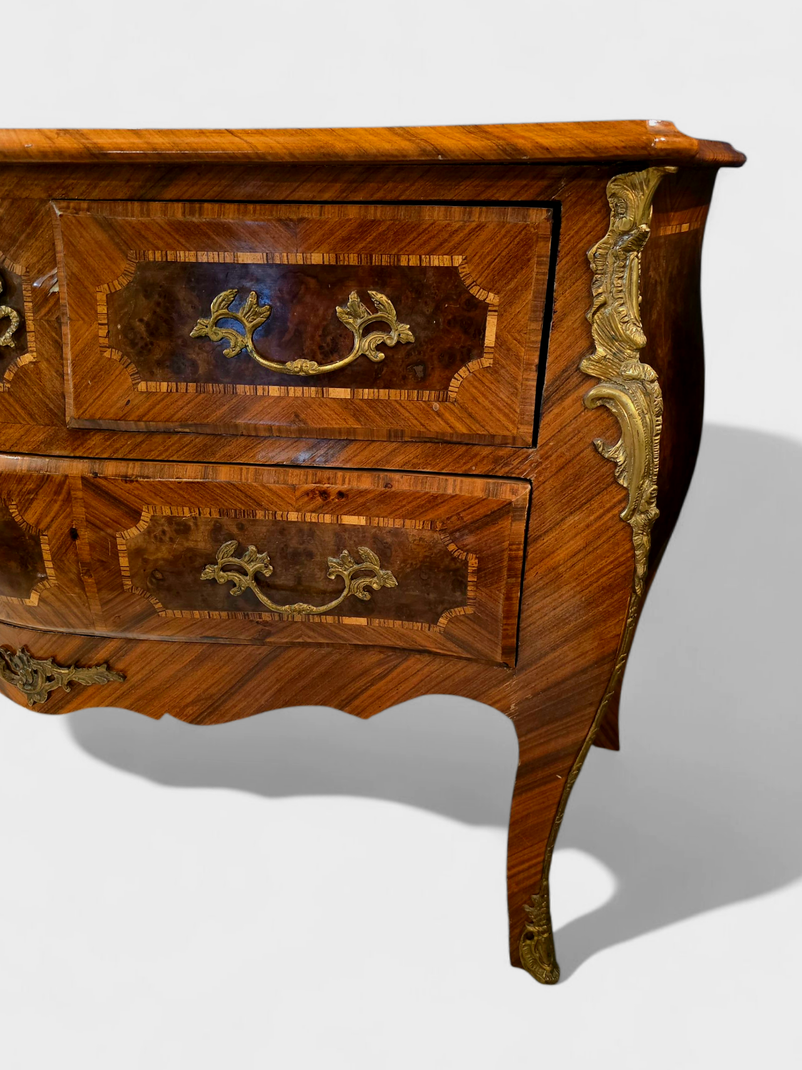 Louis XV style commode in marquetry and gilded bronze