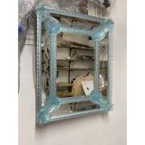 Venetian Rectangular Light-Blue Floreal Hand-Carving Mirror in Murano Glass Style