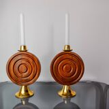 Pair of brutalist candlesticks by Ardisur, bronze and wood, Spain, 1970