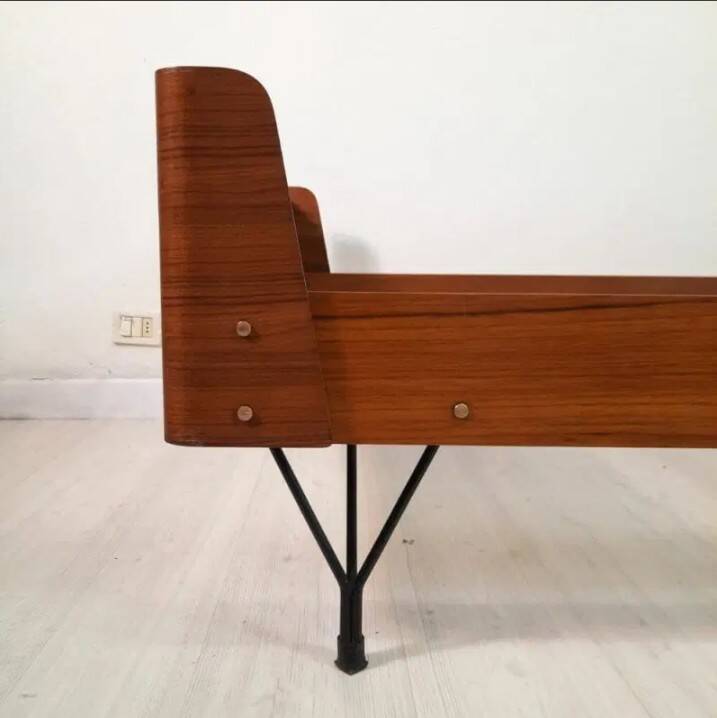 Bed manufacturer Rima, curved teak and painted iron feet, 70s