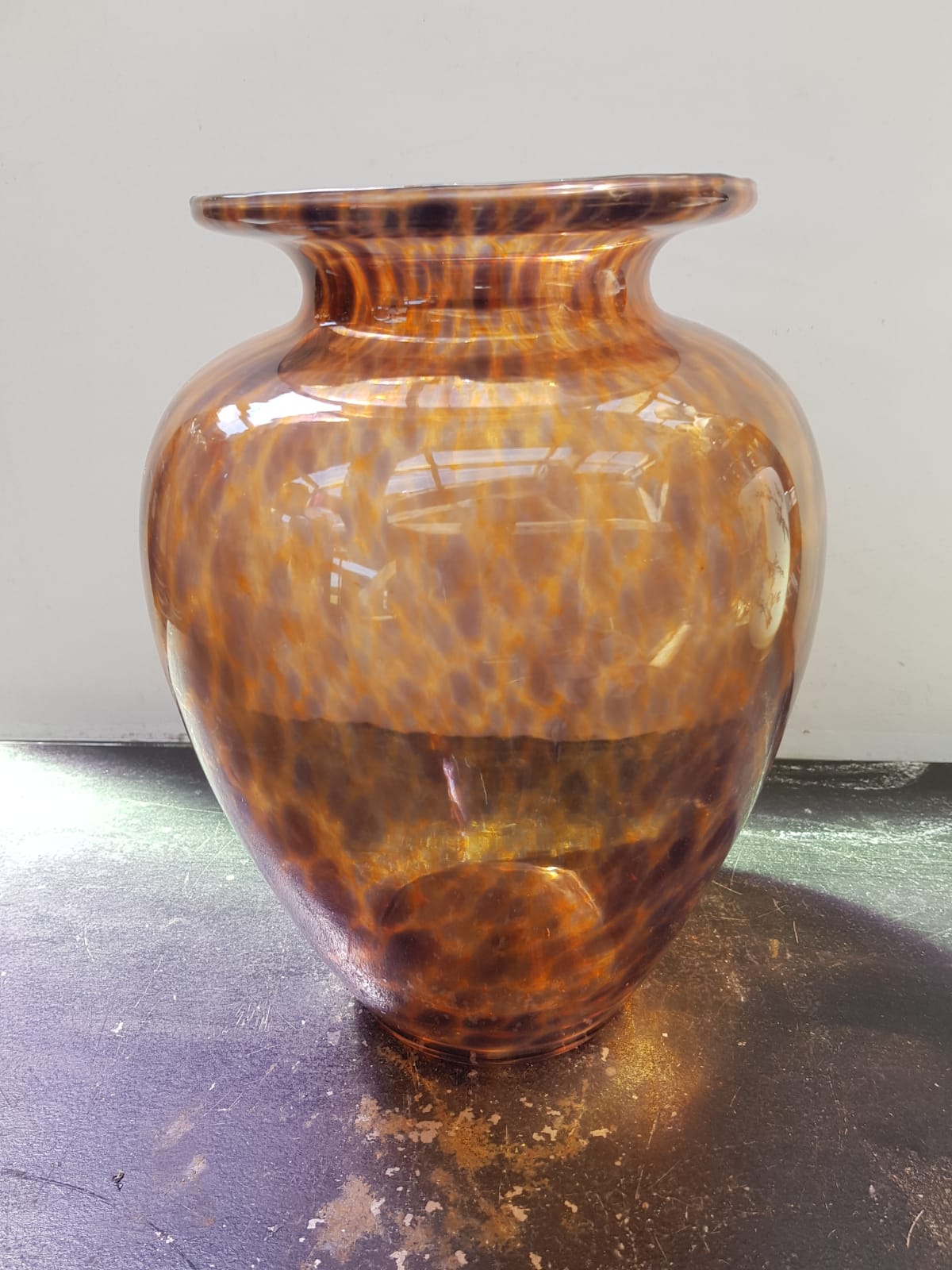 Old multilayer glass vase spotted orange brown vintage