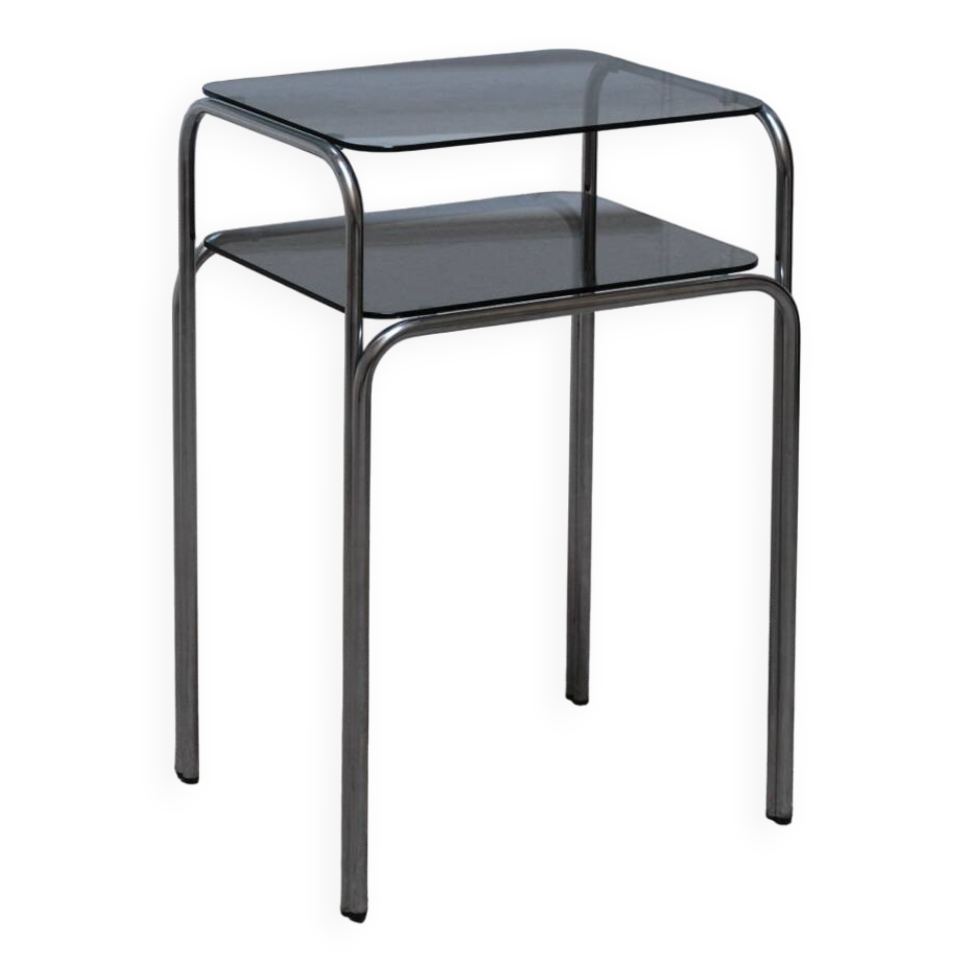 Vintage side table in smoked glass and chromed metal – 70s