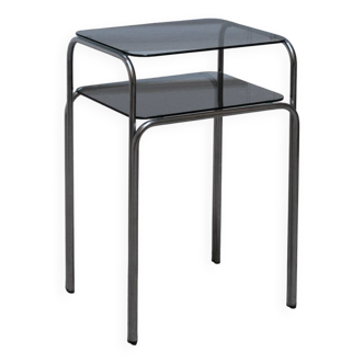 Table d’appoint vintage en verre fumé et métal chromé – Années 70