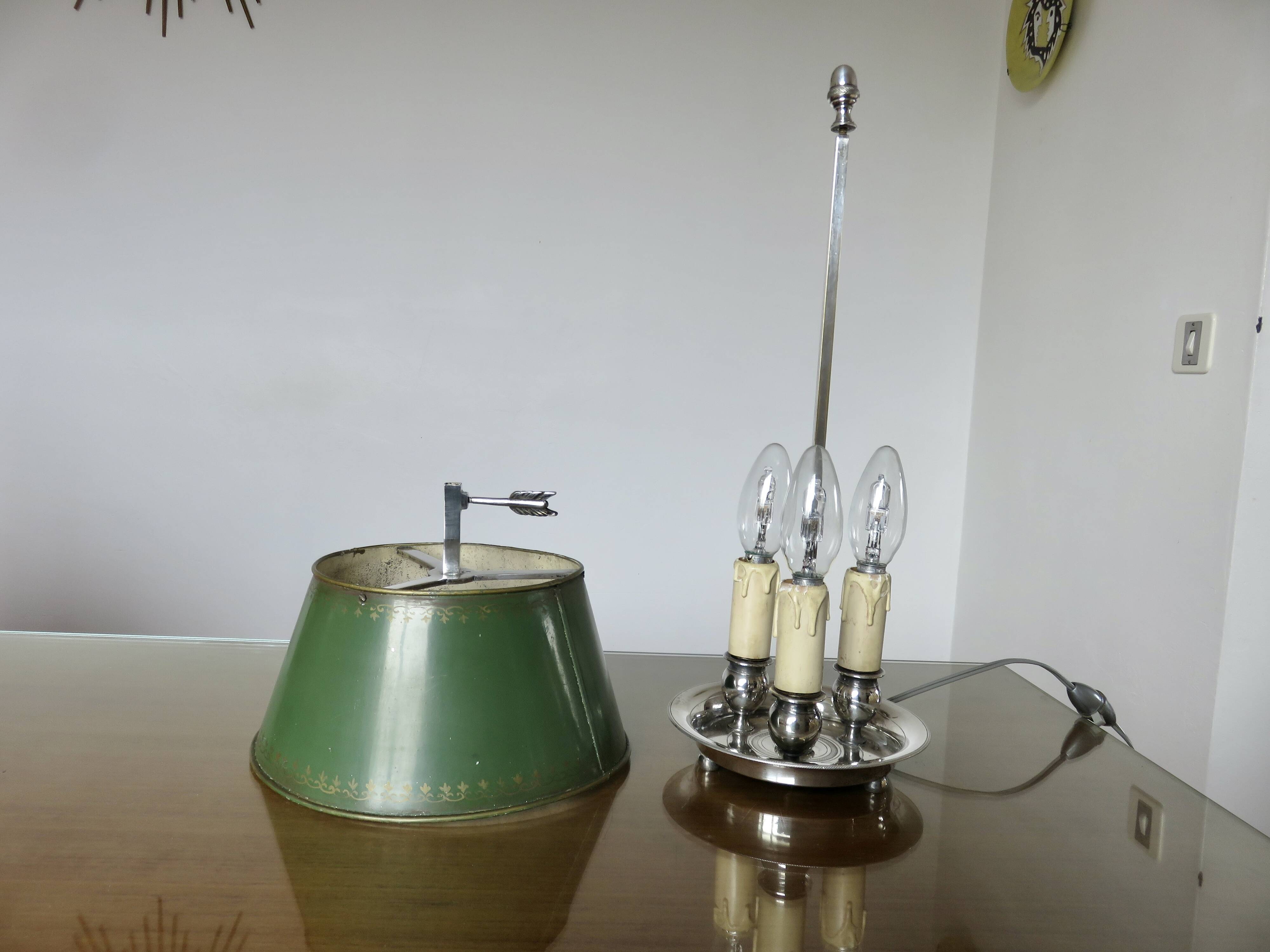 Authentic antique bouillotte lamp in chrome bronze with 3 lights, 1930s.