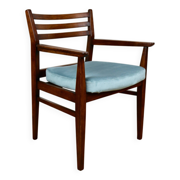 Fauteuil de bureau vintage en tissu bleu et bois