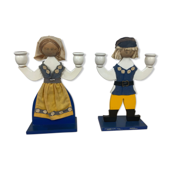 Pair of Swedish folk art candle holders