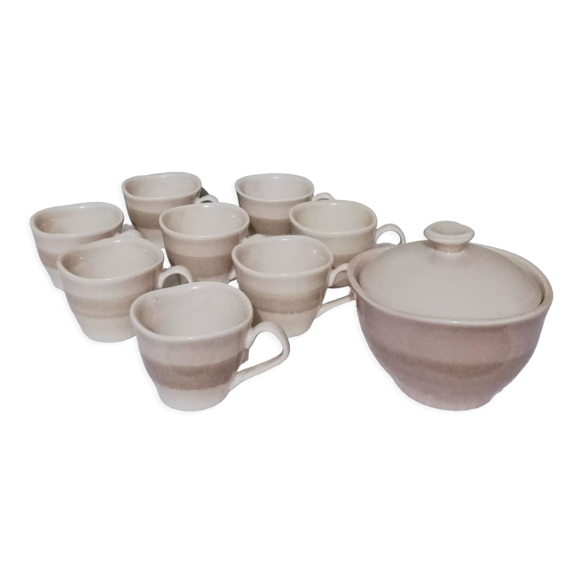 Coffee set 8 cups and sugar bowl from the earthenware factory of Pornic