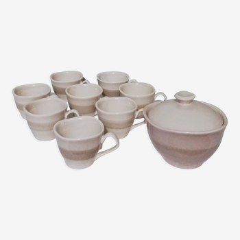 Coffee set 8 cups and sugar bowl from the earthenware factory of Pornic
