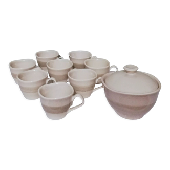 Coffee set 8 cups and sugar bowl from the earthenware factory of Pornic