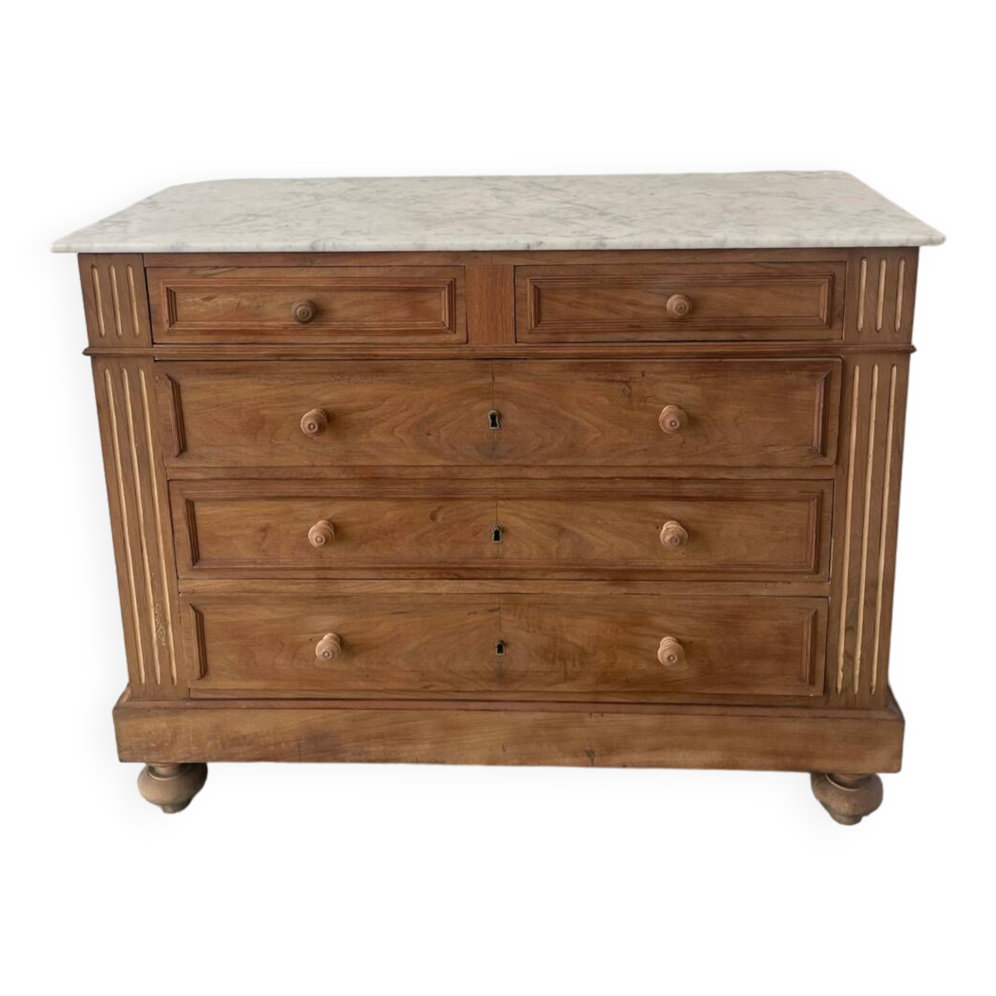 Sandblasted chest of drawers with white marble top