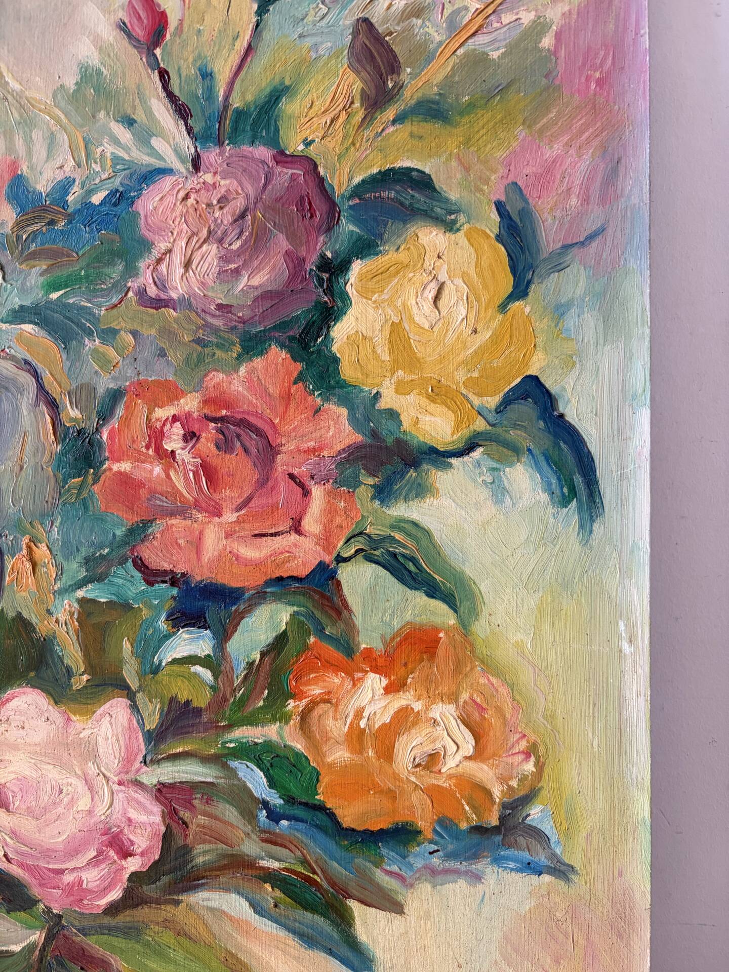Roses, oil on panel signed Frigola 1965