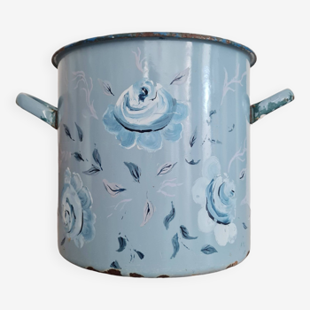 Cache pot - jardinière en tôle émaillée bleue fleurs peintes