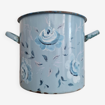 Cache pot - planter in blue enameled sheet metal with painted flowers
