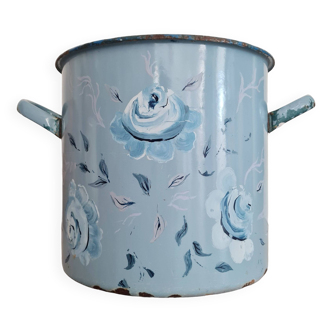 Cache pot - planter in blue enameled sheet metal with painted flowers