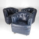 Suite of 3 small armchairs in midnight blue leather with castors