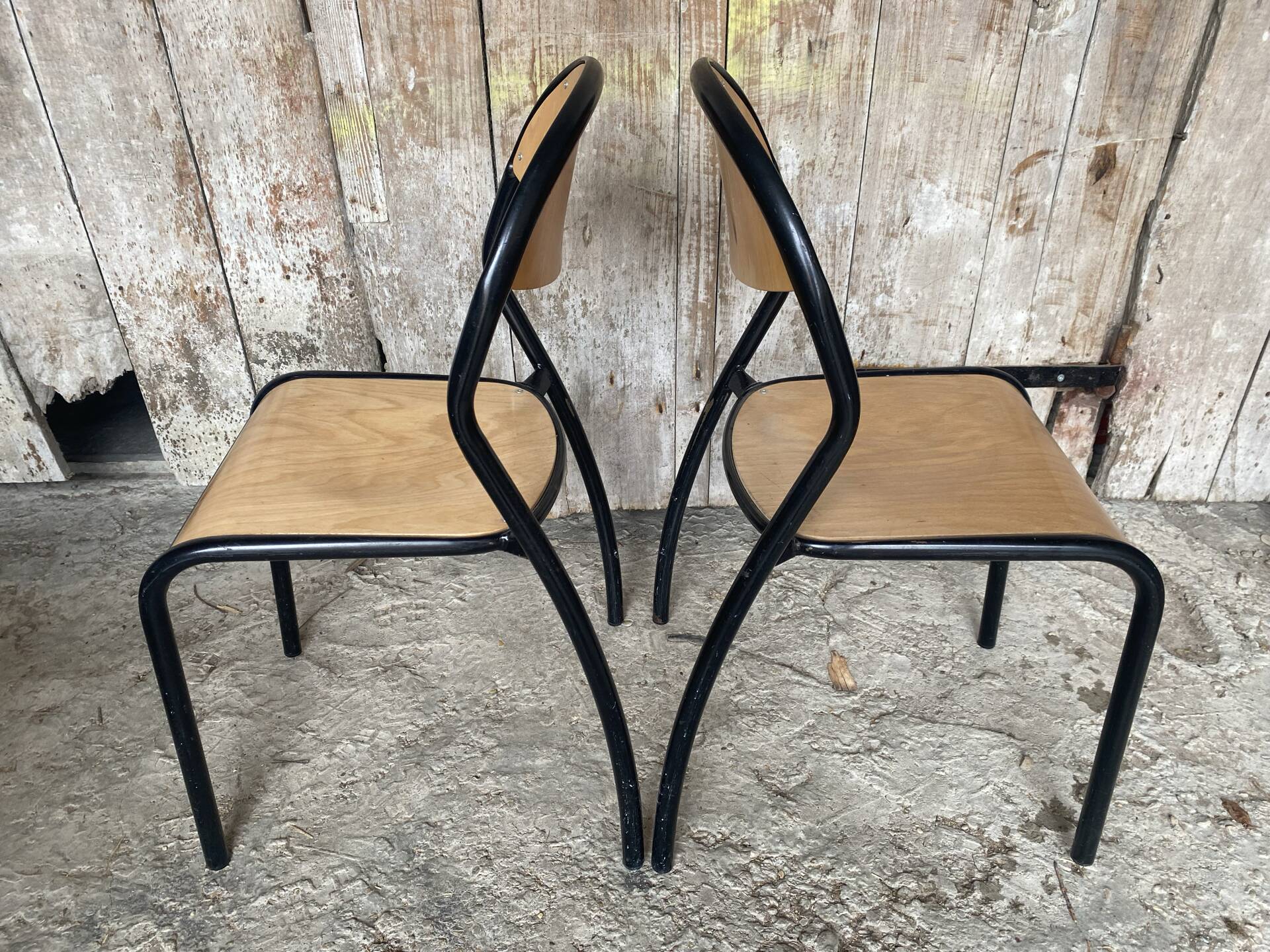 Paire Chaise Ancienne Écolier Style MULLCA Métal Noir + Bois Vintage #