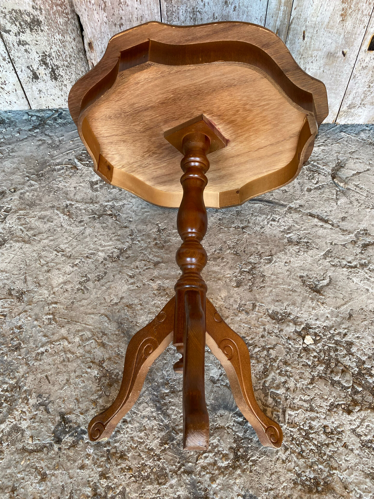 Guéridon Ancien Table Appoint Tripode Bois +  Plateau Marqueterie Vint
