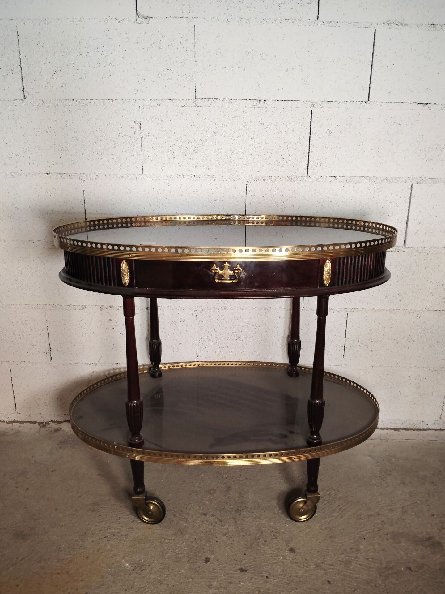 Oval Wooden and Brass Serving Table in Louis XVI Style / Maiso