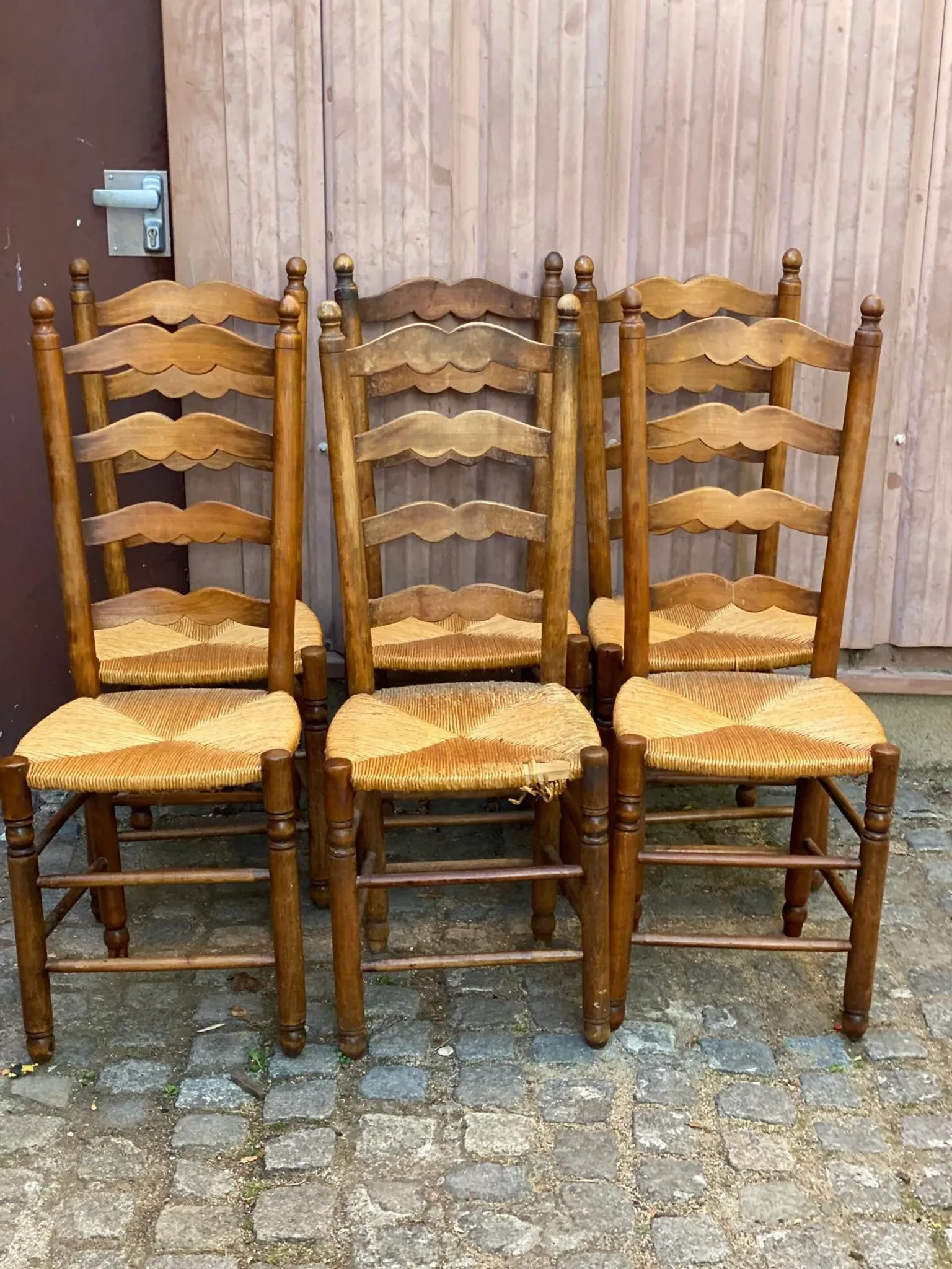 6 Rustic Solid Wood and Straw Chairs in 1960s Country Style