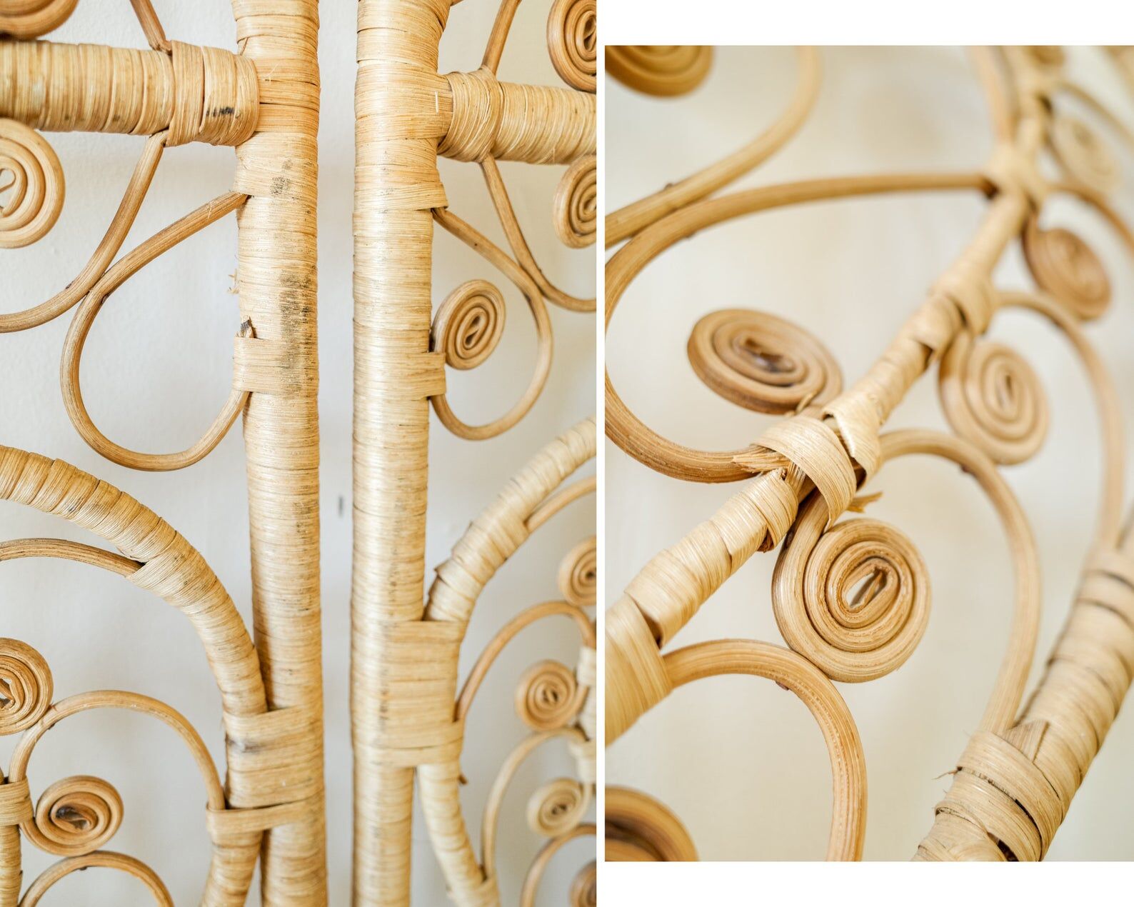 Bamboo wicker 1970s heart design 3 panel room divider