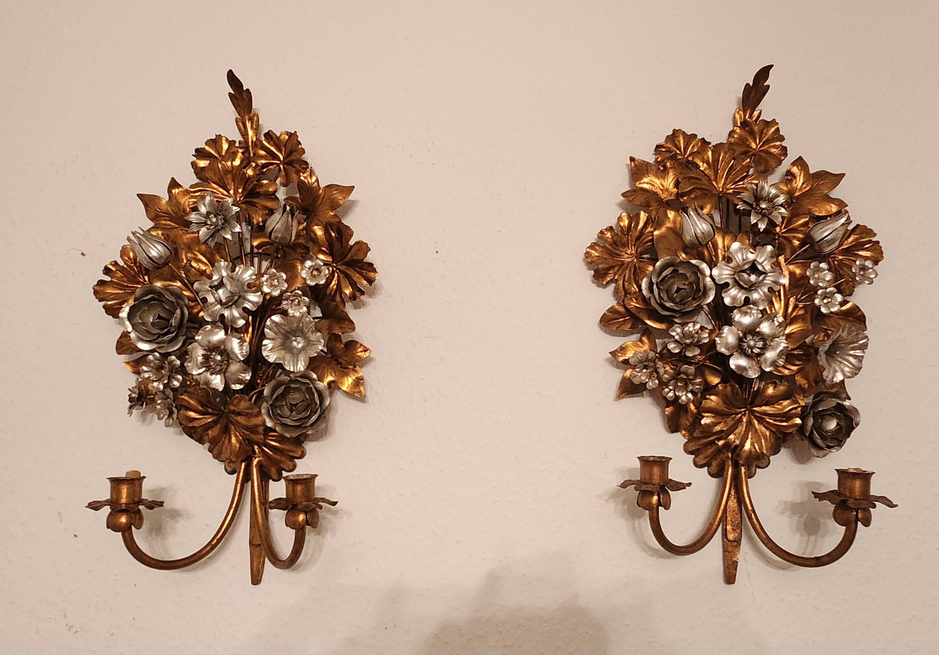 Hand-forged gilded silver-plated candle wall lamps by S. Salvadori