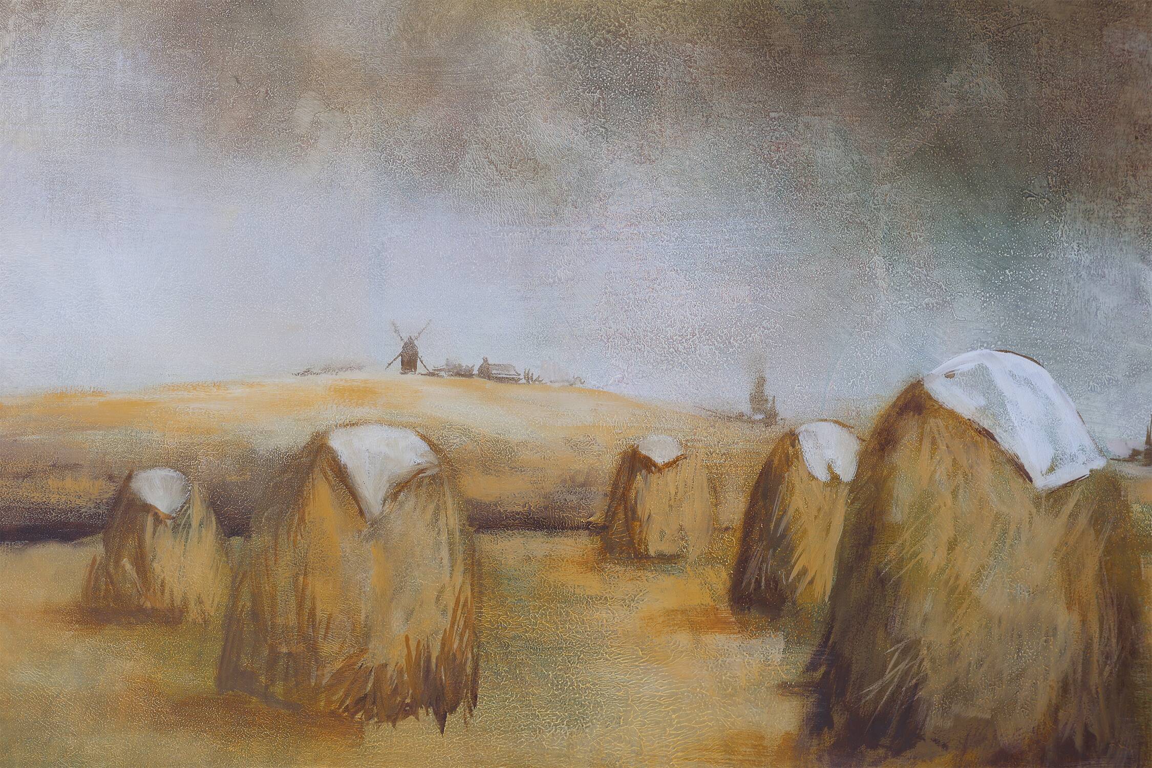 Large signed painting of a hay landscape from the Belgian painter Frank Bog