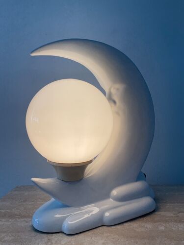 Lampe vintage croissant de lune en céramique et opaline années 70