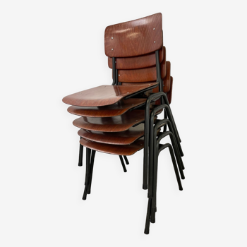 Lot de 5 chaises d’école Marko bois et acier noir Pays-Bas années 70