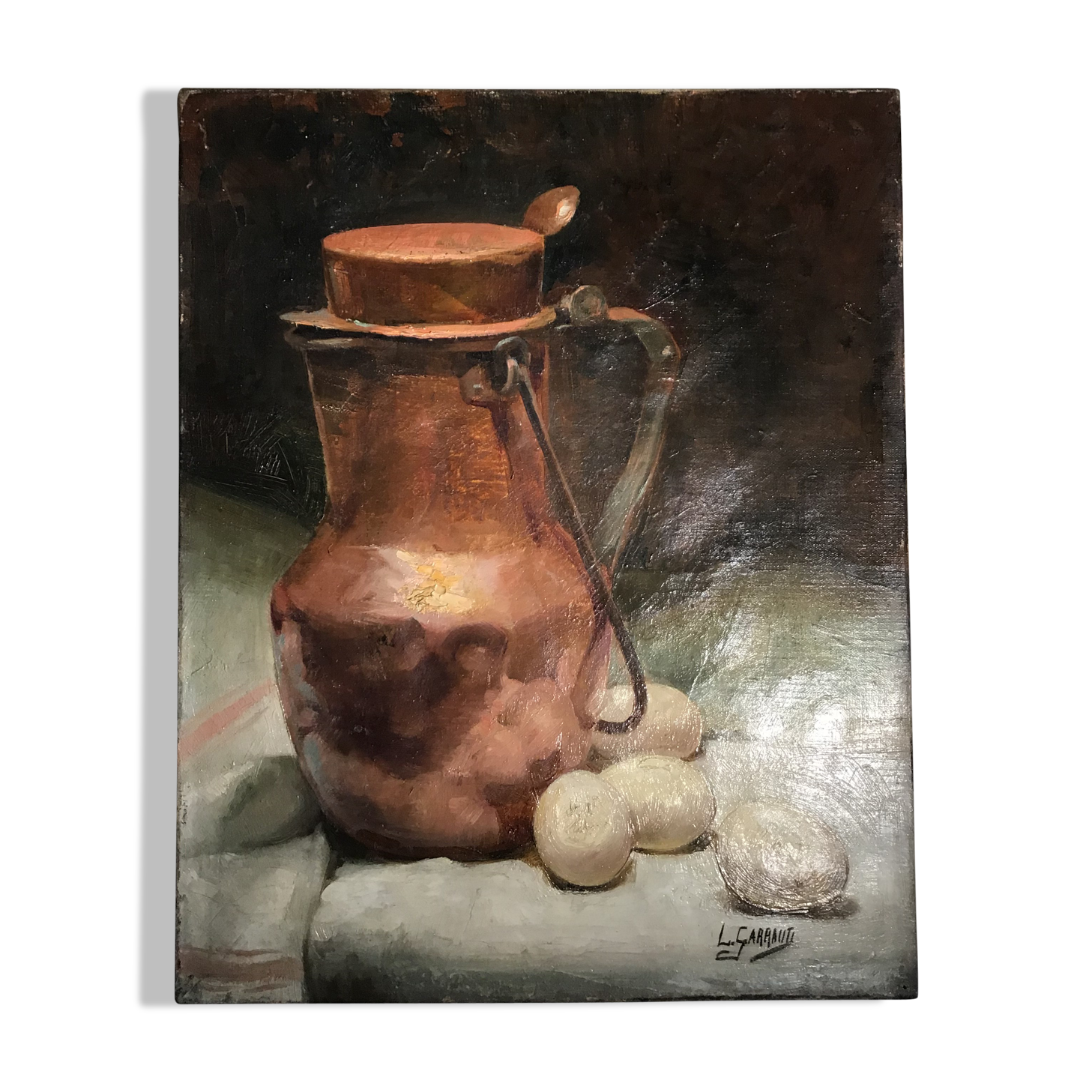 Still life with milk pot and eggs, signed, 20th century