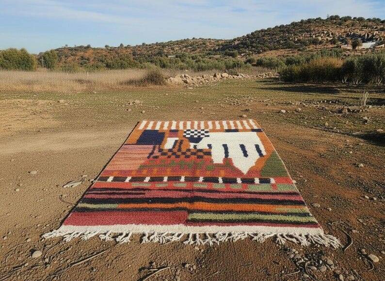 Multicoloured Moroccan Berber rug 300x200 cm – figurative pattern – handmade
