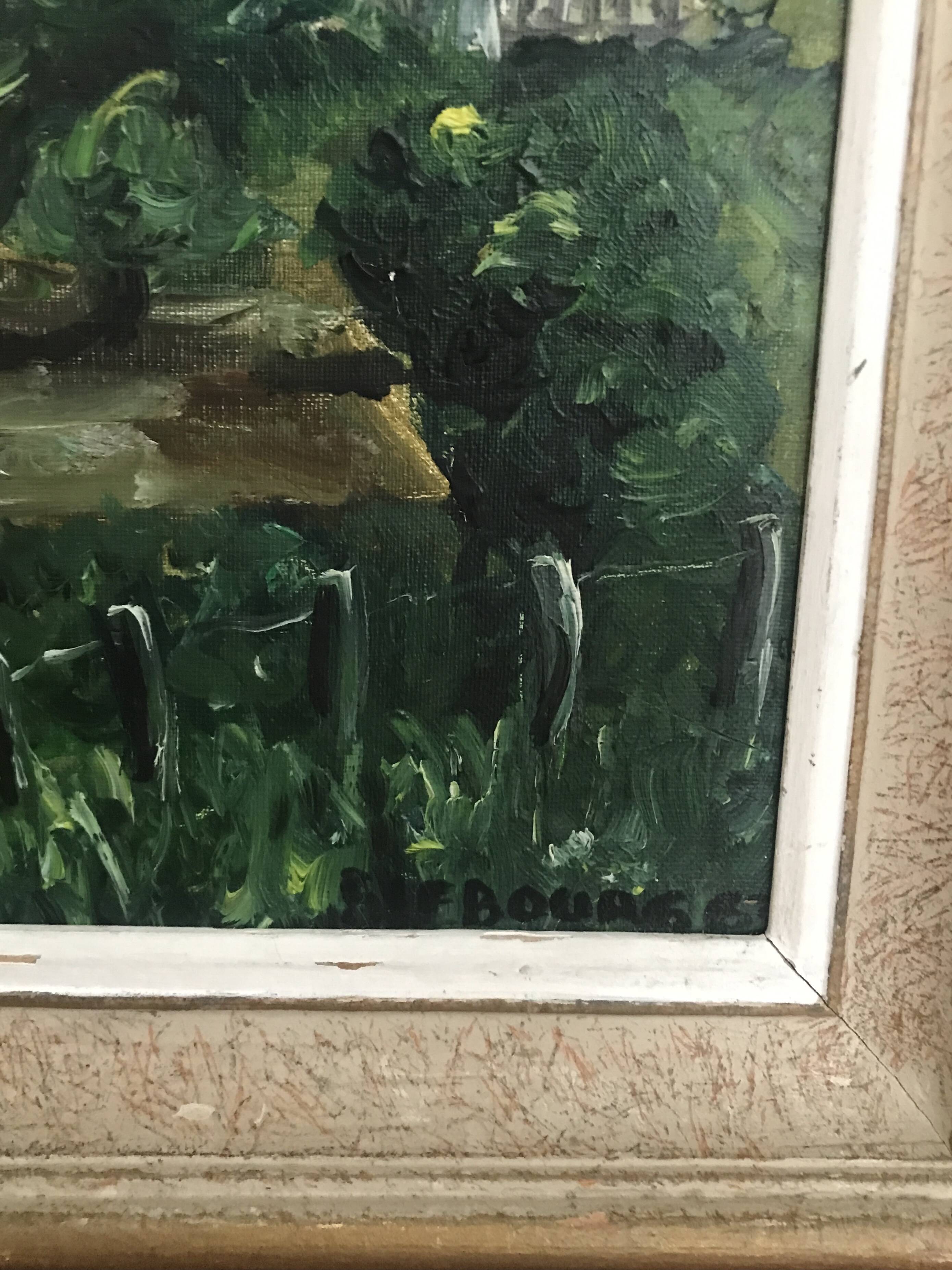 Old painting by Pierre Lebourg, landscape of the Allier