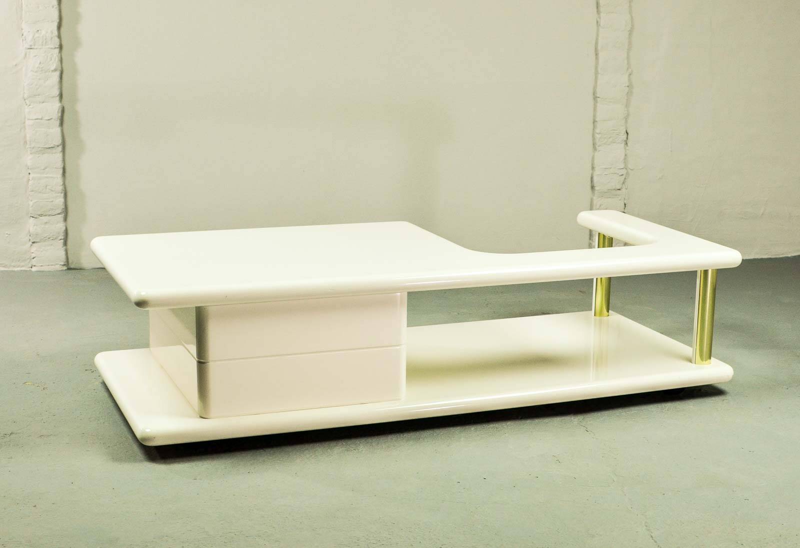 White High Gloss Free Form Italian Design Coffee Table w. Brass Accents 70s