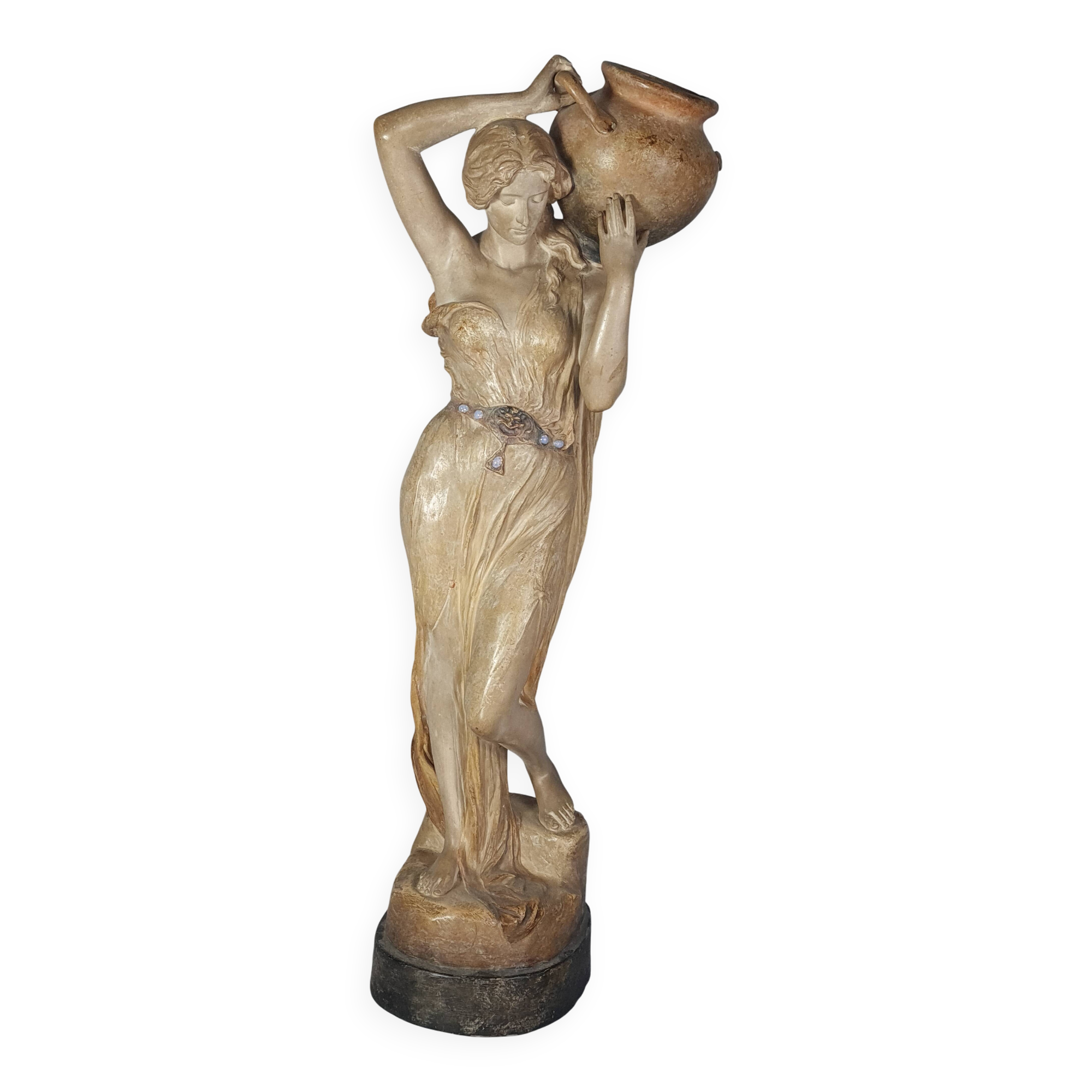 Ceramic sculpture Woman and opal belt jug Goldscheider circa 1900, 60 cm C155