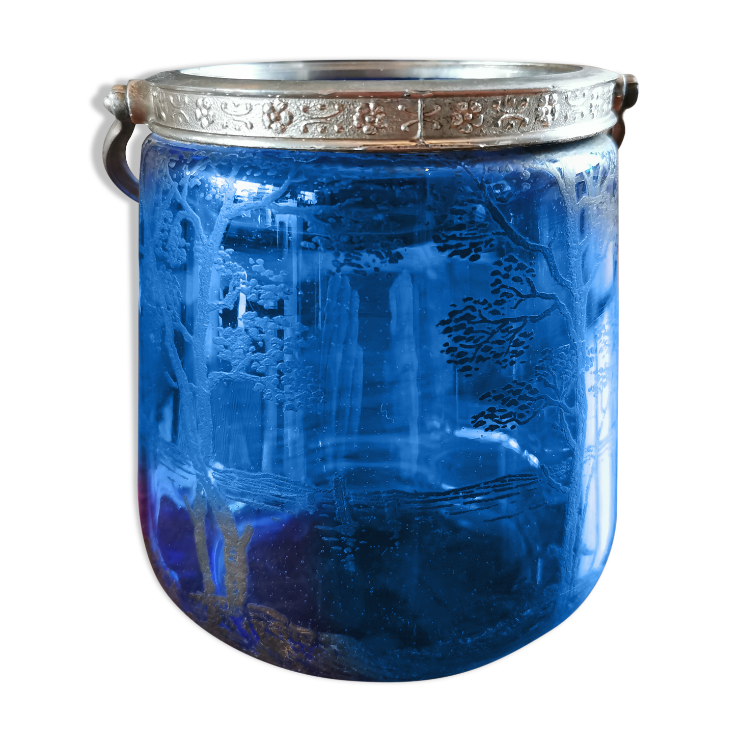 Old ice or biscuit bucket made of golden decor blue glass