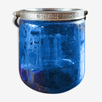 Old ice or biscuit bucket made of golden decor blue glass