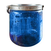 Old ice or biscuit bucket made of golden decor blue glass