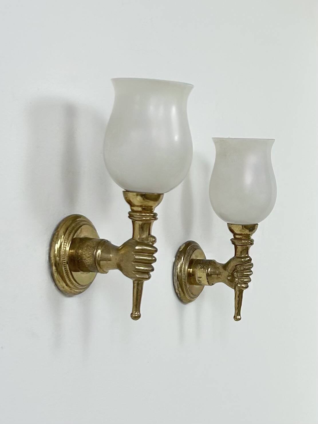 Pair of vintage wall lights, Maison Jansen, brass and opaline, France, 1960.