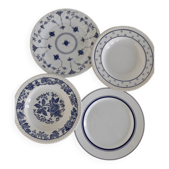 4 assiettes vintage porcelaine dépareillée bleue et blanche vaisselle Cottage core -Lot K