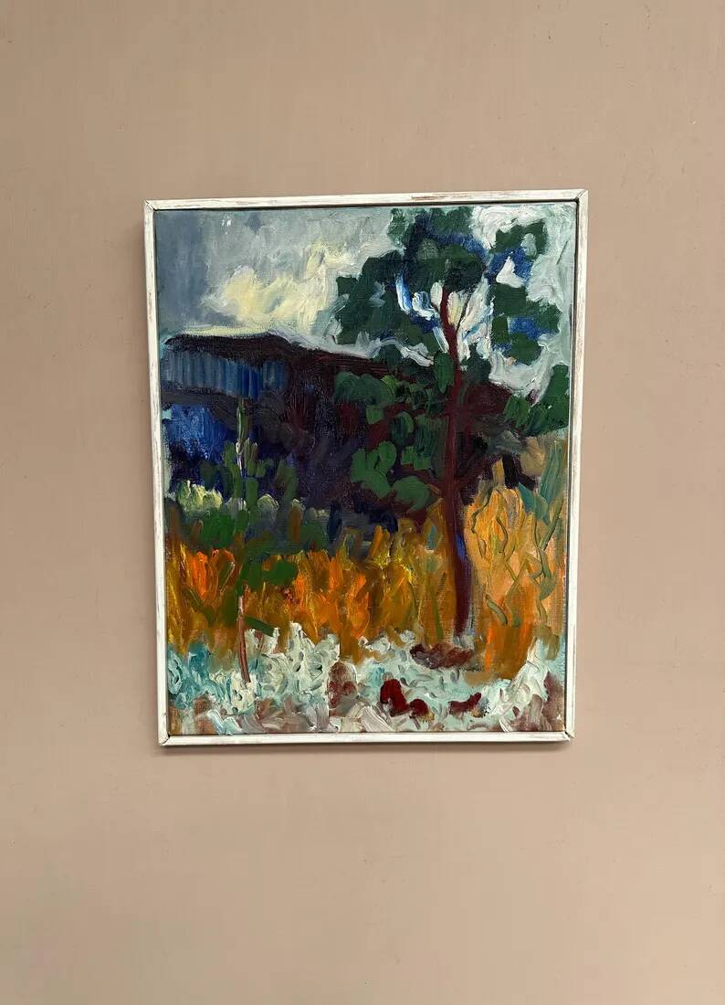 Original Swedish Oil on Canvas – "Tree in a Landscape", Unknown Artist – Vintage and Framed – 33 × 28 cm (12.9" × 11")