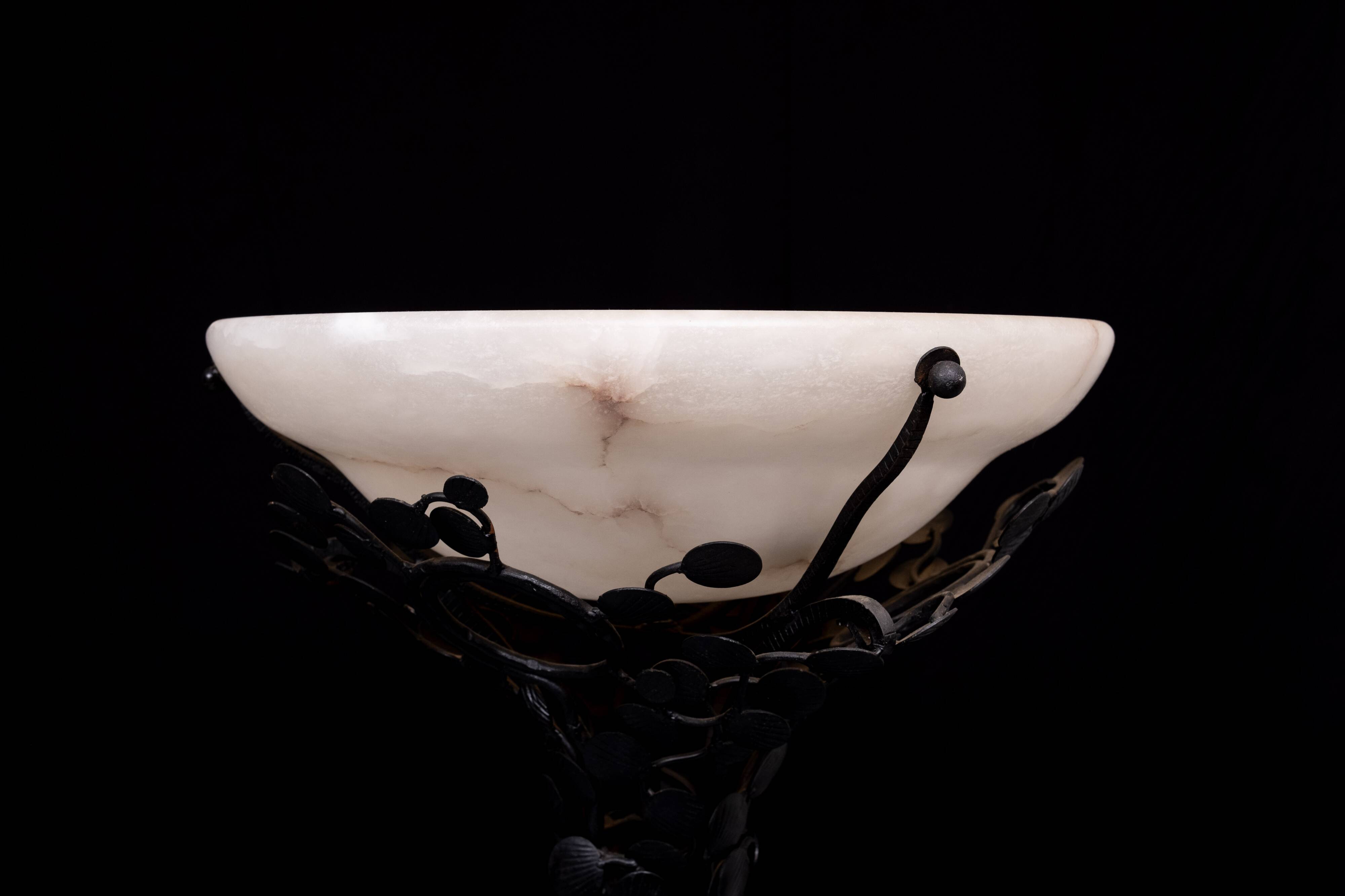Edgar Brandt style Art Deco floor lamp in wrought iron with alabaster cup